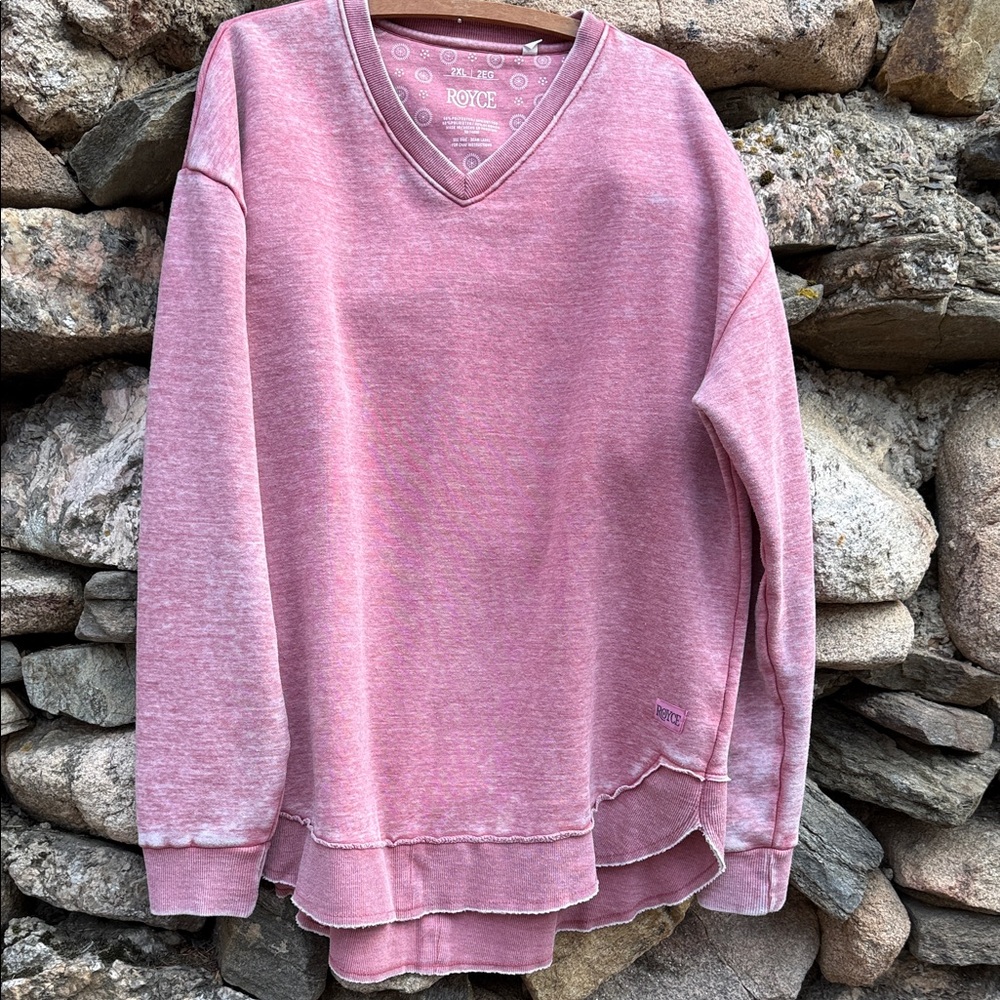 🌸 ROYCE V-Neck Pullover Sweatshirt – Pink – 2X / 2EG – Garment Dyed 🌸